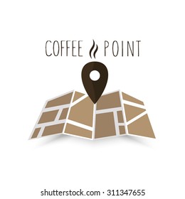 Coffee point navigation on the map. Symbol gps like coffee sign. Vector illustration isolated on white