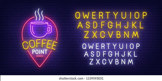 Coffee Point neon sign, bright signboard, light banner. Cafe and Cafeteria logo. Neon sign creator. Neon text edit