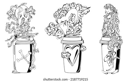 Coffee poison. love potion. Youth elixir. Set illustrations of a coffee cup with toxic components. Black illustration.