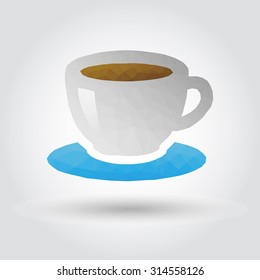 Coffee polygon icon in modern style with shadow and gray background. Geometric symbol of modern coffee logo and hot drinks.