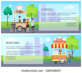 Coffee and popcorn kiosk, street food posters vector illustration with transparent rectangles and text sample on them, city park with fast food shops