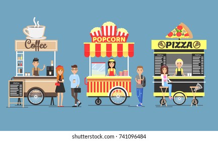 Coffee, Popcorn and Pizza Booths colorful icons isolated on blue background. Vector illustration with fast food booths surrounded by customers