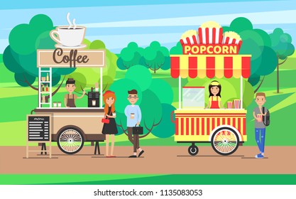 Coffee popcorn sellers in mini-shops coffee's customers and park with trees greenery nature view isolated on vector illustration outdoors, snack street food