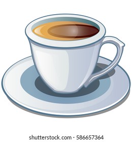 Coffee in porcelain cup isolated on a white background. Cartoon vector close-up illustration.