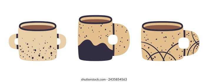 Coffee porcelain cups. Hot drinks decorated mugs, tea or coffee ceramic cups, tasty warming drinks flat vector illustration set. Hand drawn mugs