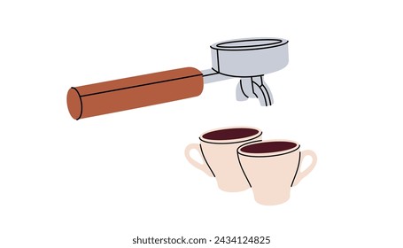 Coffee portafilter with coffee cups. Hand drawn elements for cafe menu, coffee shop. Vector illustration.
