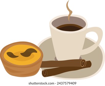 Coffee with portugiese egg tart, pastel de nata. Colorful vector illustration. 