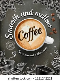 Coffee poster ads with 3d illustratin latte and woodcut style decorations on chalkboard background