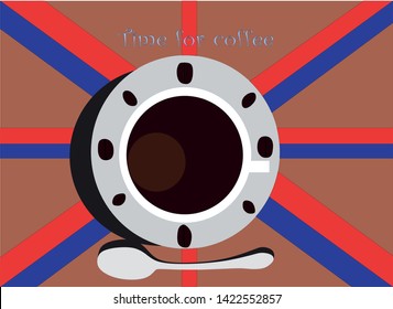 Coffee poster advertisement including cup, plate and spoon, with coffee beans laid on the plate and symbolizing clock face, vector illustration
