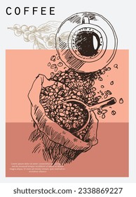 coffee poster art print of drawing vintage. coffee label of sketch retro. Arabica Robusta packaging sticker