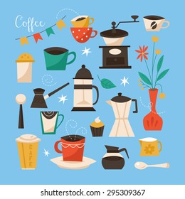 Coffee poster design. Creative vector illustration with coffee cups, grinder and objects