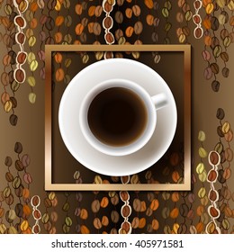 Coffee poster design with cup of hot coffee and beans lines striped texture and golden frame. Coffee banner design for coffee shop menu, restaurant and cafeteria. Brown gold vector background.