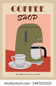 Diseño de cartel de café en estilo moderno retro de mediados de siglo. Antiguas Ilustración vectorial de cafetera y taza de café. Señal de cafetería, logotipo, Plantilla de Anuncio.
