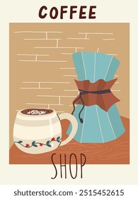 Coffee poster design set in retro style vector hand drawn illustration. Vintage Art.