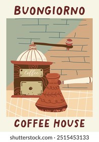 Coffee poster design set in retro style vector hand drawn illustration. Vintage Art.