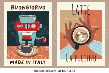 Coffee poster design set in retro style vector hand drawn illustration. Vintage Art.