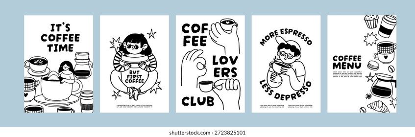 Afiche de café. Anuncio de café Doodle. Divertido arte con gente bebiendo y disfrutando de bebidas. Carteles con taza, taza, espresso, granos de café para la cafetería y tienda. Conjunto de Vector.