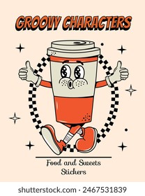 Coffee poster in groovy style. Food and drinks. Quick snack. Y2k elements and shapes. Cartoon illustration. Walking. Retro character with face and hands and legs. Hot drinks. Psychedelic and hippie. 