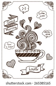 Coffee poster. Hand drawn a cup of not coffee with speech bubbles.