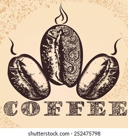 Coffee poster with hand drawn coffee grains stylized by imitation of ethnic African ornament