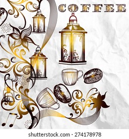 Coffee poster with hand drawn coffee grains on paper