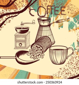 Coffee poster with hand drawn coffee mill, coffee grains, mug