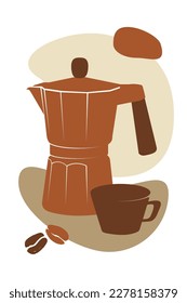 Coffee poster for interior decorating. Silhouettes of cup and coffee pot  illustration for poster, coffee shop, cafeteria, kitchen design. Brown colors.