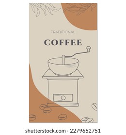 Coffee poster retro style with illustration of coffee grinder. design for coffee shop, cafe-bar, menu