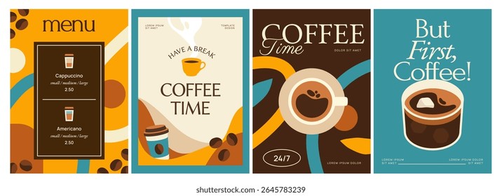 Coffee Poster Set. Minimal flyers with coffee beans, cups of hot espresso and mugs of coffee drink. Design for cafe or coffee shop menu. Flat vector illustration collection isolated on background