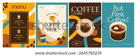 Coffee Poster Set. Minimal flyers with coffee beans, cups of hot espresso and mugs of coffee drink. Design for cafe or coffee shop menu. Flat vector illustration collection isolated on background
