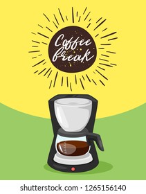 Coffee poster template for restaurant wall design. Coffee maker. Print lettering for brochure or cafe menu. Vector illustration.