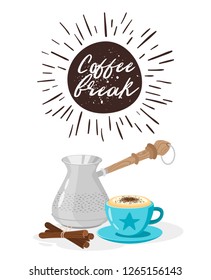 Coffee poster template for restaurant wall design. Turkish coffee maker, cappuccino cup and cinnamon. Print lettering for brochure or cafe menu. Vector illustration.