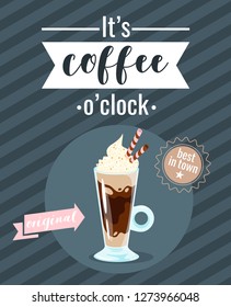 Coffee poster template for restaurant wall design. Delicious Glace glass. Print lettering for brochure or cafe menu. Vector illustration with striped background.