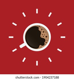 Coffee poster with time clock. wake up morning 8 o'clock. vector illustration in flat style modern design. isolated on red background.