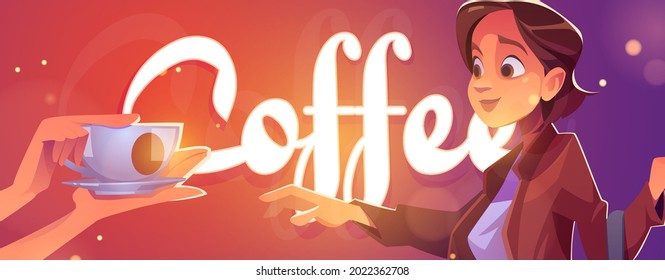 Coffee poster with woman takes white cup