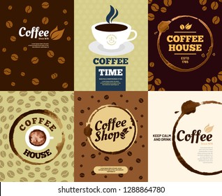 Coffee posters. Cafe stain poster or spill splash coffee stained card. Shop or restaurant coffee break invitation card and barista banners logo. Retro vector illustration set