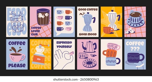 Coffee posters in cartoon retro style. Cups, moka pot, espresso machine, cappuccino. Colorful illustrations for baristas and kitchens. Decor for kitchens, cafes and restaurants. Minimalist wall banner
