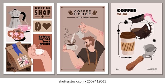 Coffee posters. Kettles, , barista character, arabica coffee, cup, espresso, cappuccino, beans. Doodle minimalist flat clip art. Perfect for coffee shop adds design.