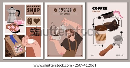 Coffee posters. Kettles, , barista character, arabica coffee, cup, espresso, cappuccino, beans. Doodle minimalist flat clip art. Perfect for coffee shop adds design.