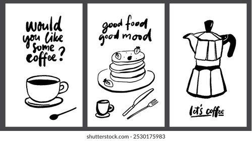 Coffee posters morning breakfast doodle print design set, moka pot, handwritten text and quotes.