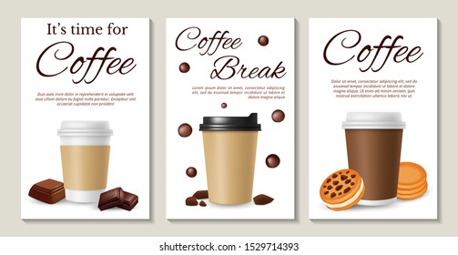 Coffee posters. Realistic vector coffee take away cookies and chocolate
