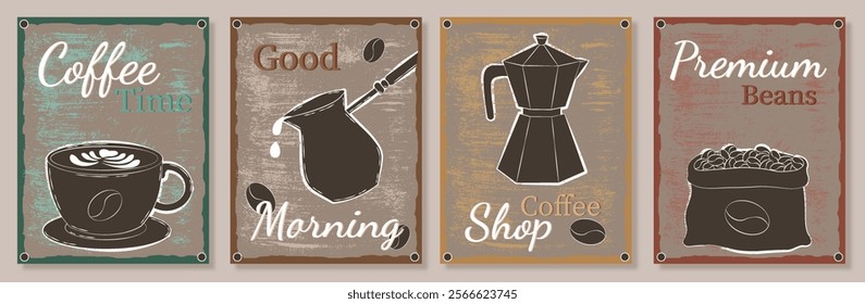 Coffee posters set. Aroma and beverage. Cup with hot drink, grinder and teapot. Americano and cappuccino. Flyers and brochures for coffee shops. Flat vector collection isolated on grey background