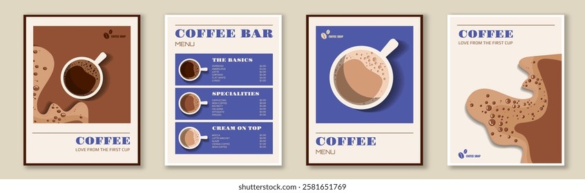 Coffee posters set. Cups with hot drinks. Cappuccino, Americano, mocha and latte. Aroma and beverage. Flyers for coffee shop. Flat vector collection isolated on beige background