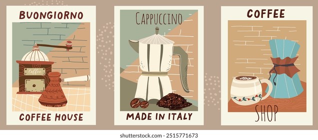 Coffee posters set design set in retro style vector hand drawn illustration. Vintage Art.