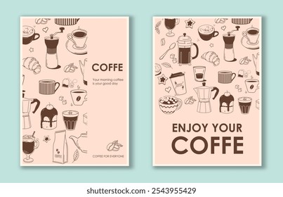 Coffee posters set. Hot drink, aroma and beverage. Cafe or restaurant menu. Coffee shop invitation booklet or leaflet. Espresso and cappuccino. Flat vector collection isolated on blue background