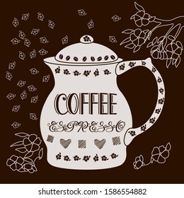 coffee pot with an abstraction on it and the inscription Espresso Coffee, on a brown background with many flowers