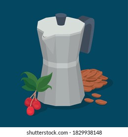 coffee pot beans berries and leaves design of drink caffeine breakfast and beverage theme Vector illustration