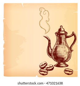 Coffee pot and beans on old paper background.