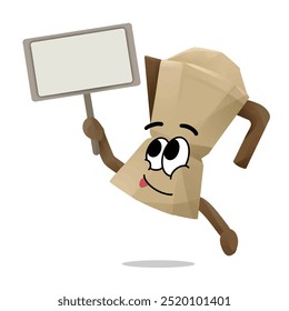 coffee pot cartoon mascot character hold a blank sign board. happy face emoticon