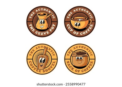 coffee pot, cezve, cup of coffee, wooden shovel of coffee bean, sack of coffee colorful cartoon illustration badge logo design set for beverage, restaurant, cafe mascot and merchandise